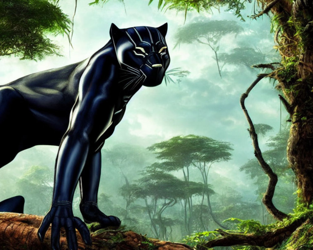 Muscular humanoid black panther on tree branch in lush jungle