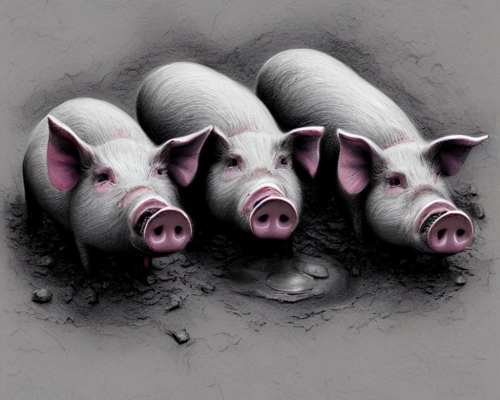 Sketch of three pigs with prominent snouts on textured grey background