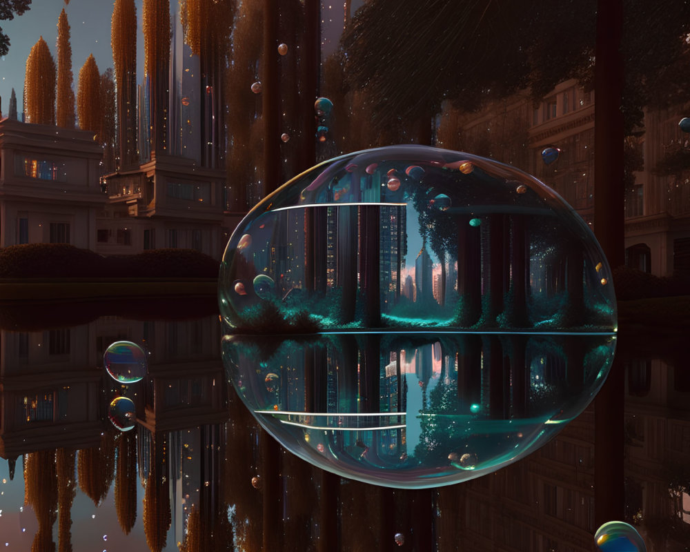 Tranquil soap bubbles over mirror-like water in serene forest at dusk