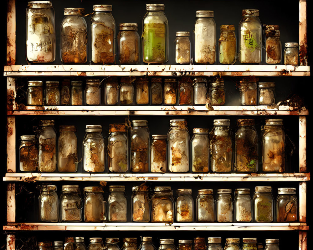 Rusty metal shelves with dusty glass jars in decay