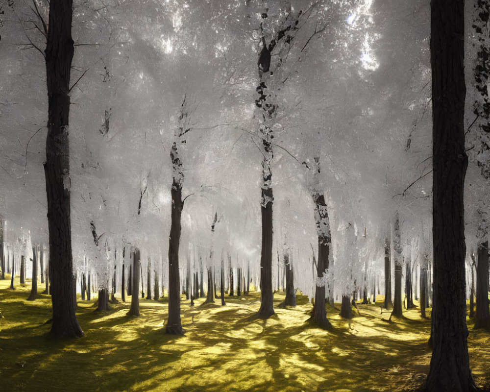 Luminous white trees in serene forest setting