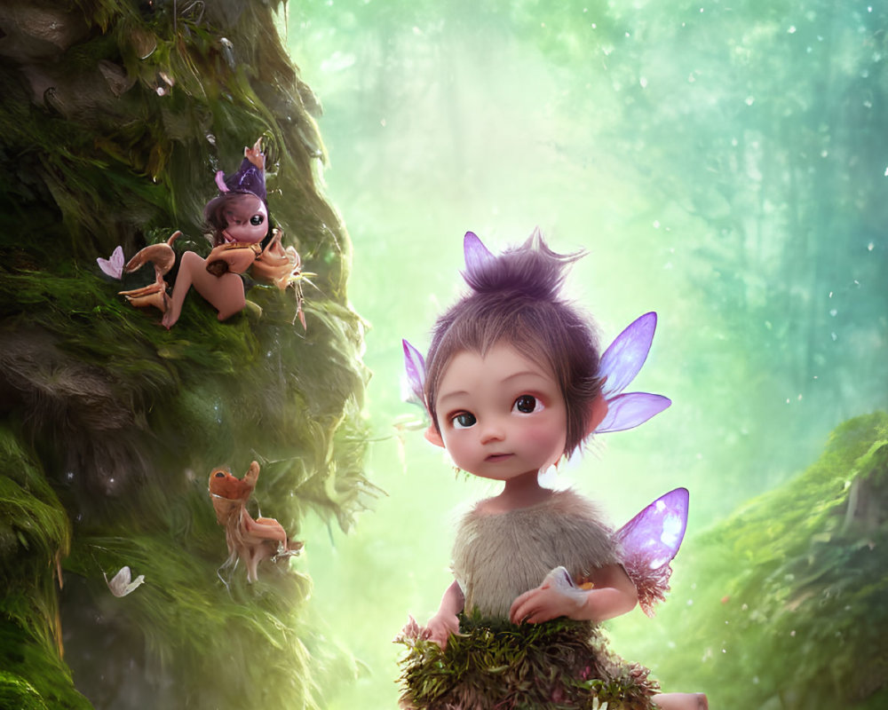 Illustration: Three fairies with translucent wings in enchanted forest.