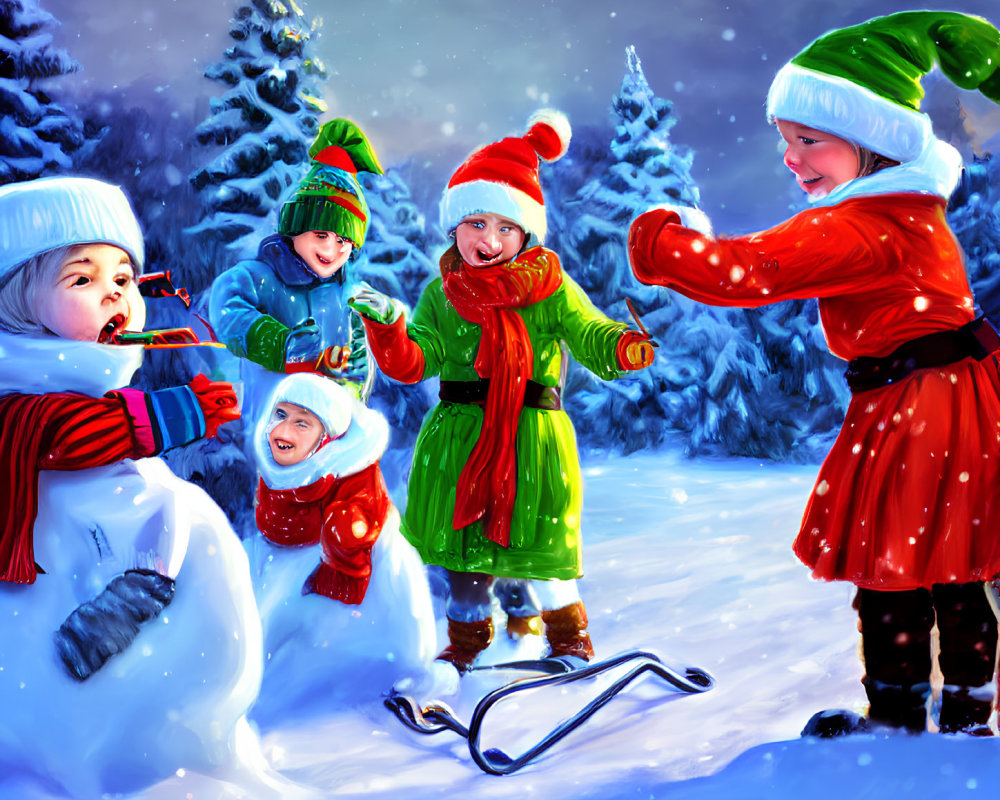 Kids playing in snowy landscape with snowman, Santa hats, sled, and twilight sky