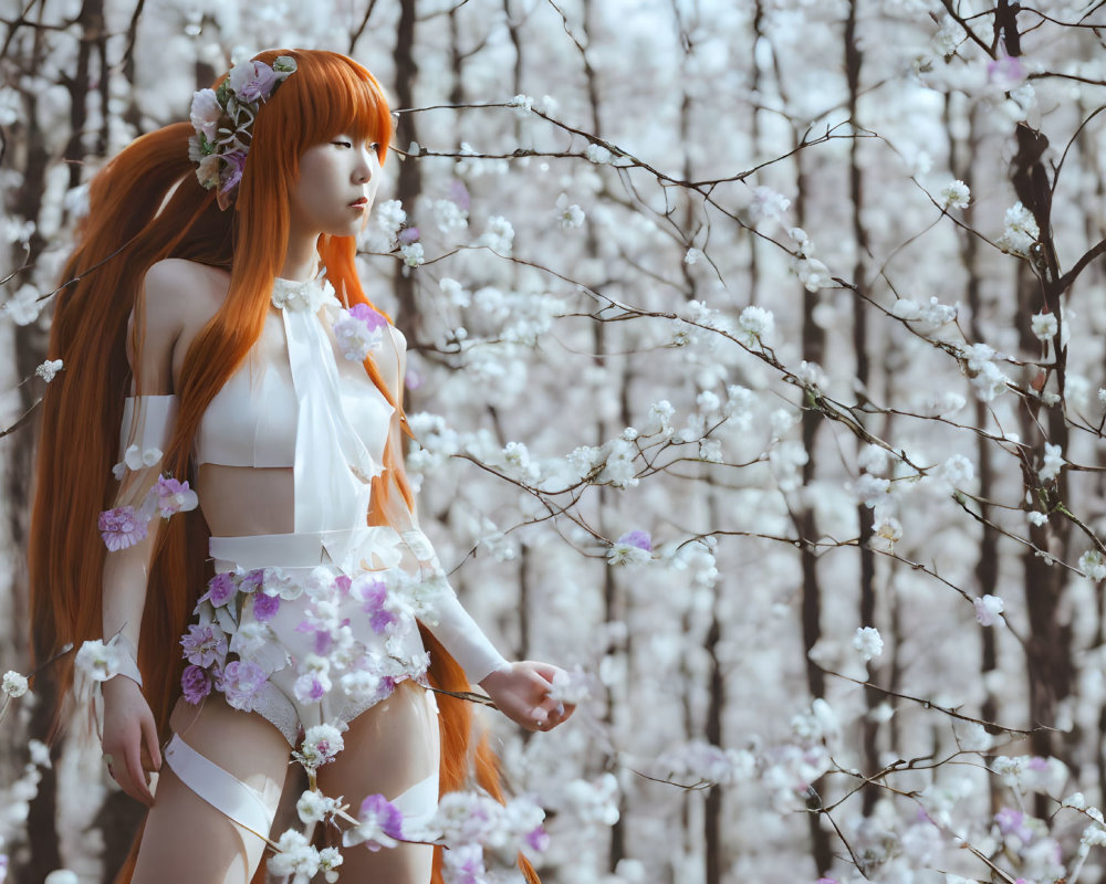 Cosplayer with Long Orange Hair Among White Blooming Trees