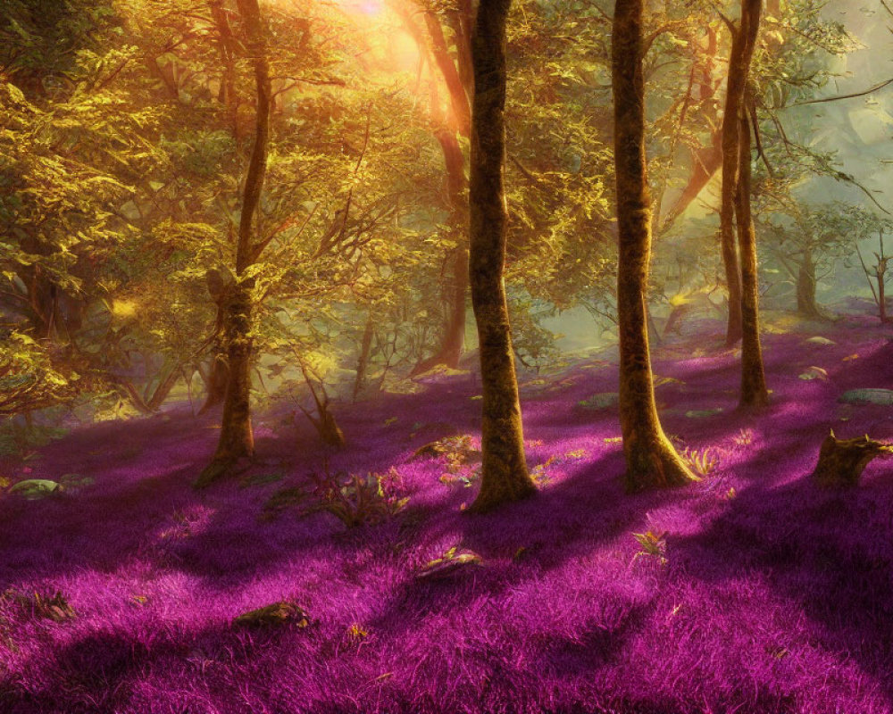 Sunlit mystical forest with vibrant purple flora carpet