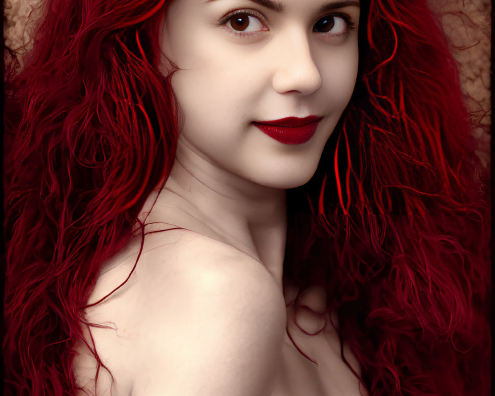 Vibrant red-haired woman with red lipstick and subtle smile against textured backdrop