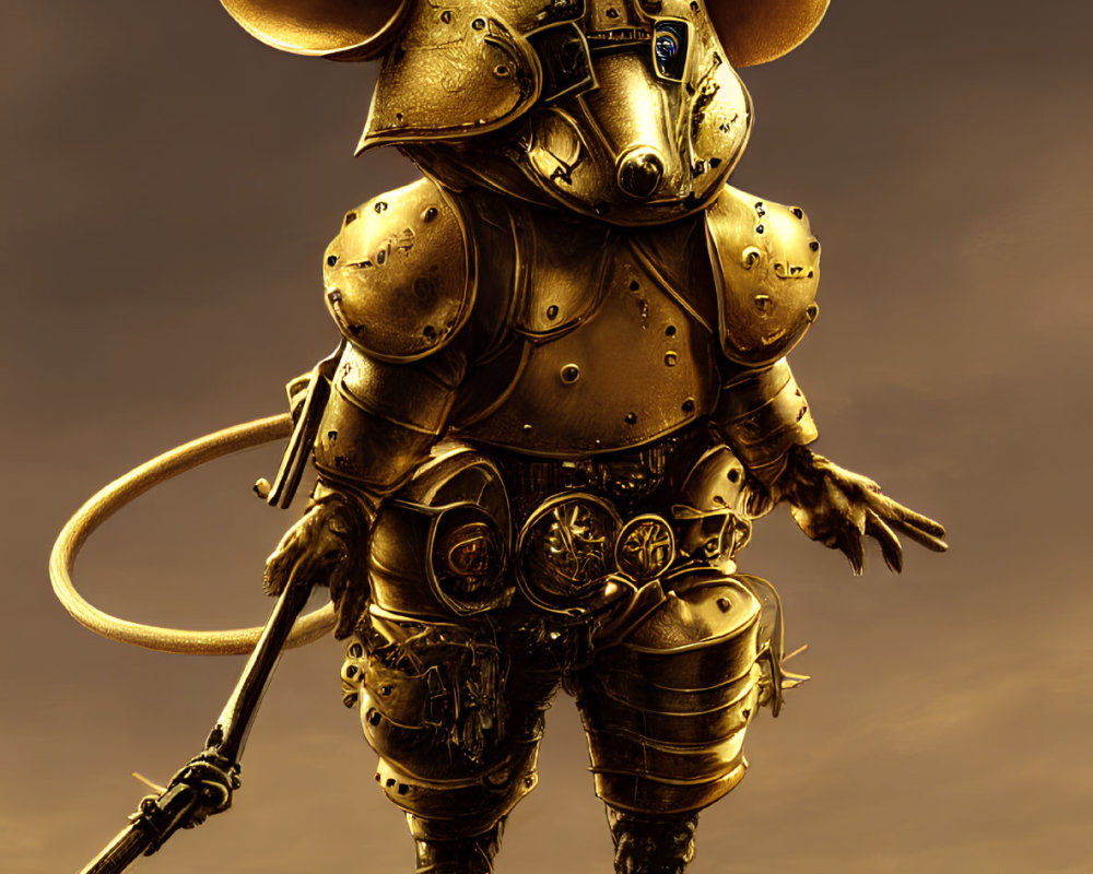 Anthropomorphic mouse in ornate armor with whip in desolate landscape