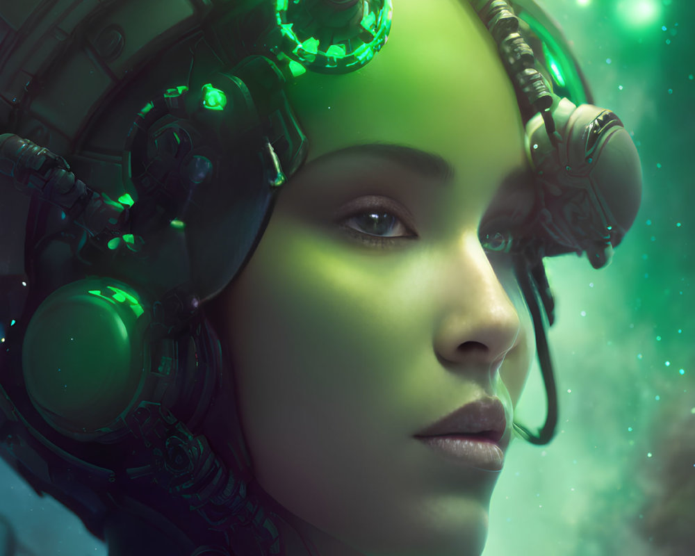 Close-up of woman with green skin in futuristic headgear against cosmic backdrop