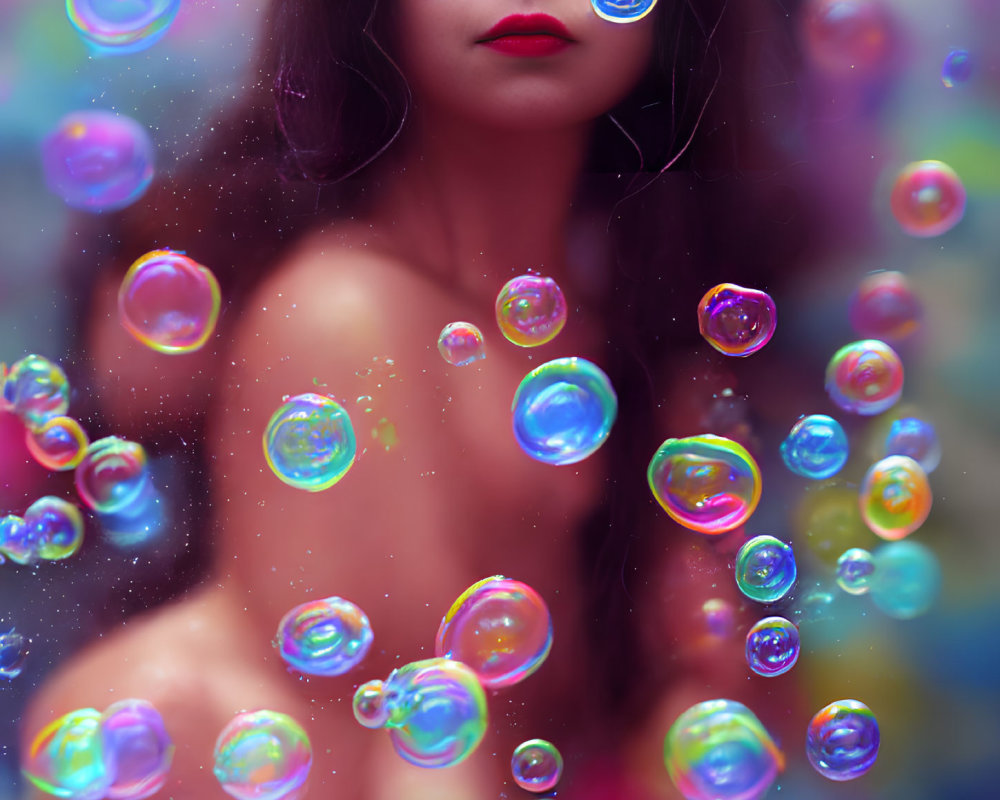 Woman with colorful floating bubbles in serene pose