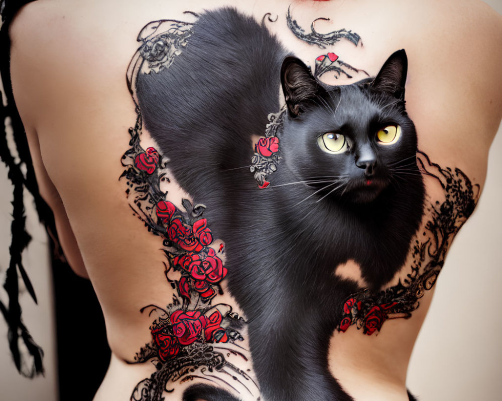 Realistic black cat tattoo with yellow eyes, red roses, and decorative patterns