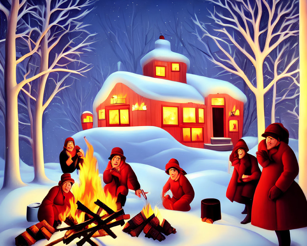 Winter campfire scene with four people by a cozy house in snow.