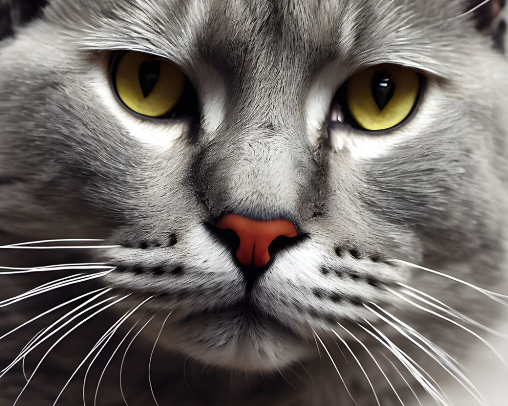 Detailed Grey Cat Portrait with Striking Yellow Eyes