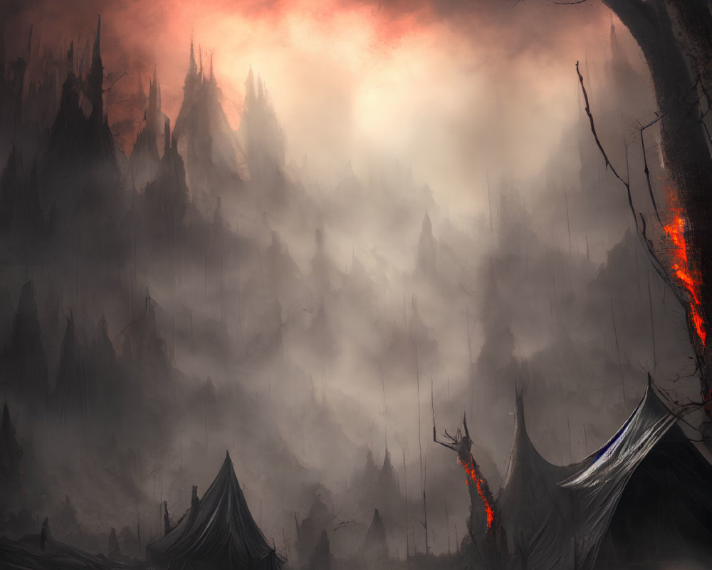 Dark Fantasy Landscape with Ominous Mountains and Red Sky