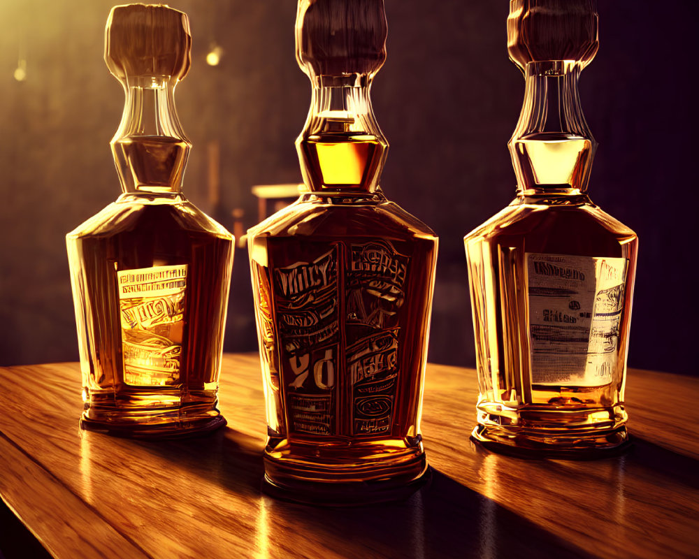 Three Intricately Labeled Whiskey Bottles on Wooden Surface