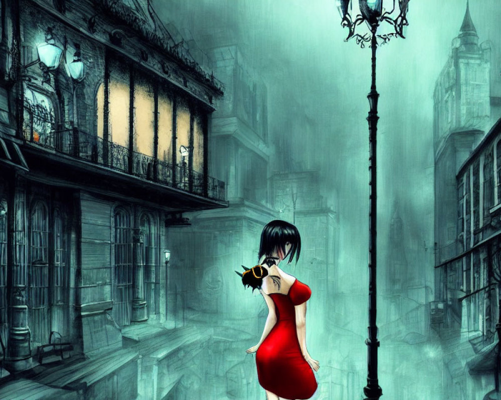 Woman in Red Dress Stands in Foggy Gothic Street