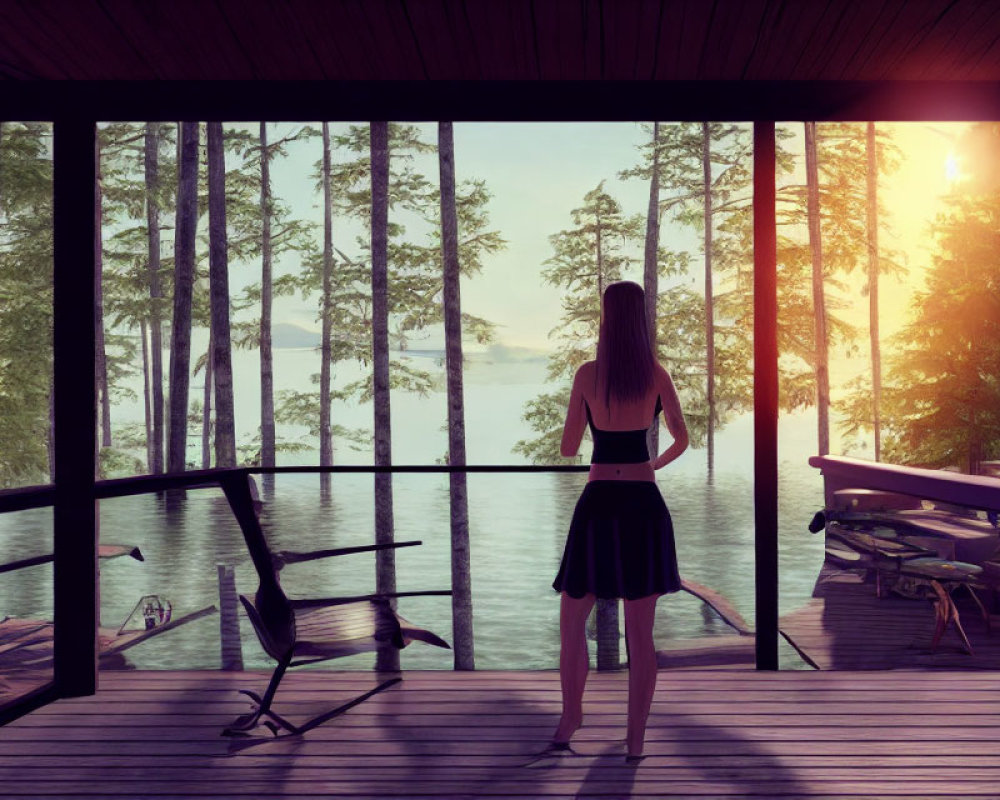 Woman on porch admiring serene lake at sunset