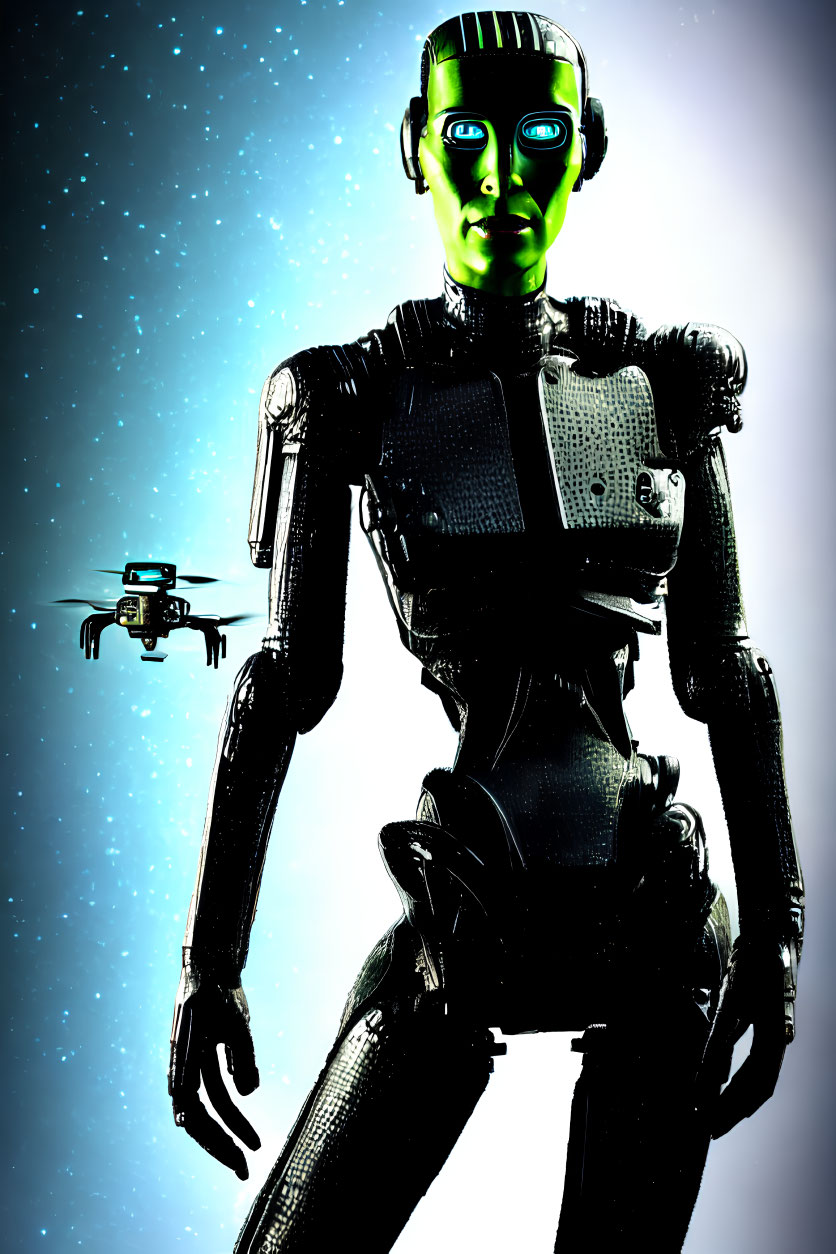 Humanoid robot with green glowing eyes and flying drone against starry backdrop