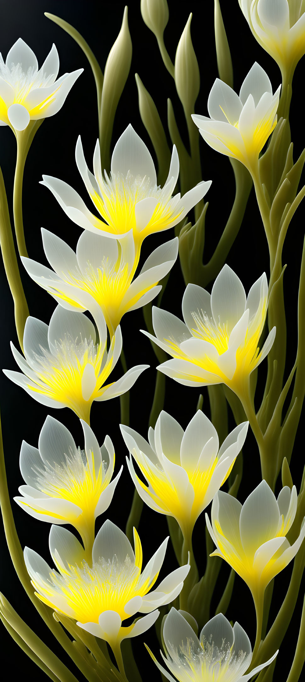 Digital Art: Glowing White and Yellow Flowers on Dark Background