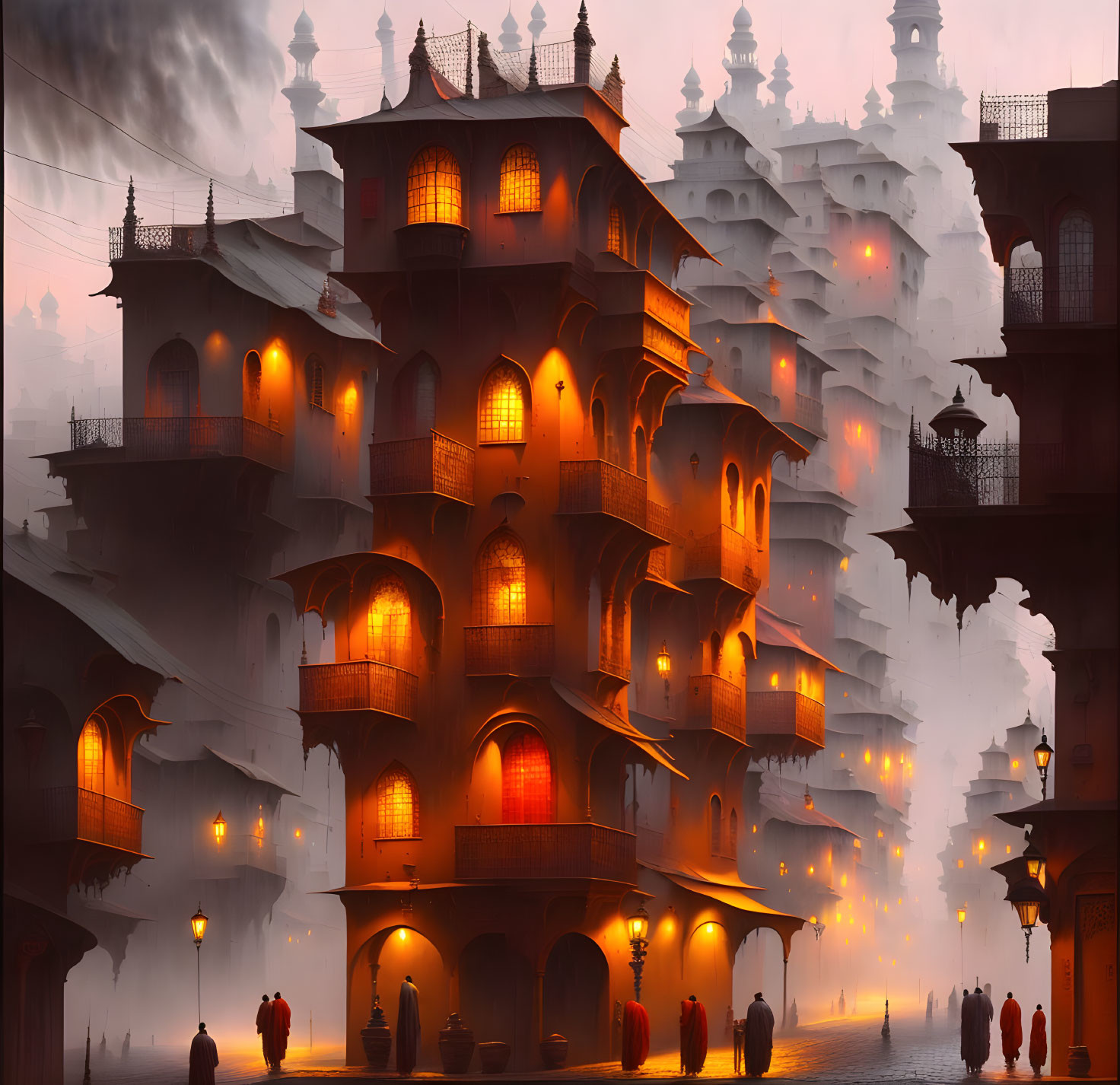 Mystical ancient eastern-style building in fog with warm lights