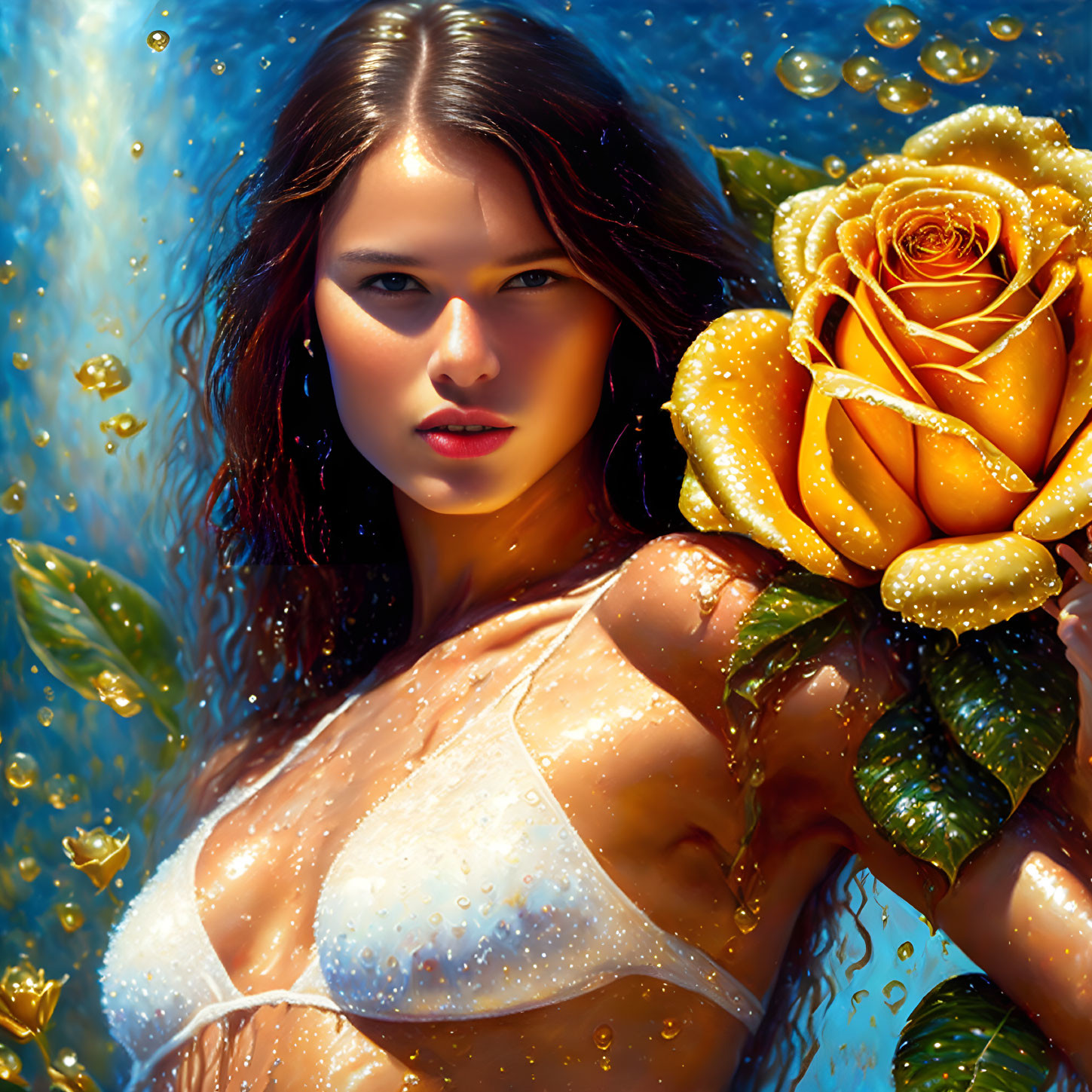 Woman Holding Yellow Rose Submerged in Water with Bubbles