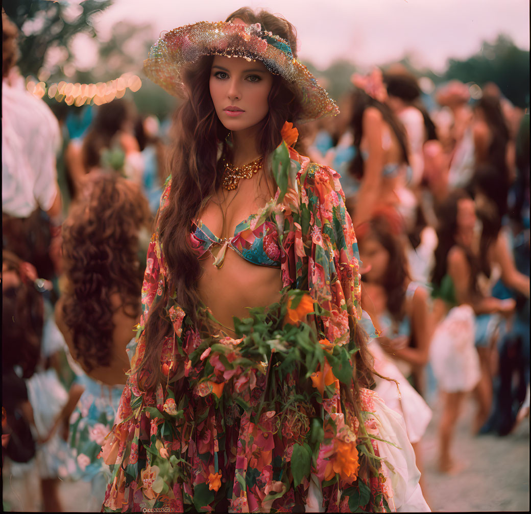 Woman in Floral Dress and Flower Hat Stands in Bohemian Crowd