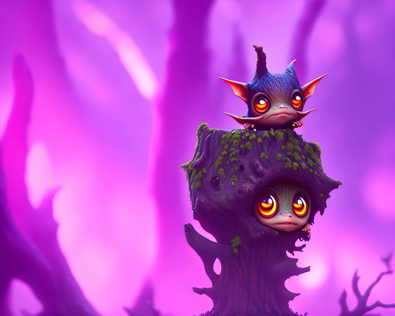 Whimsical creatures with large eyes on tree stump in misty setting