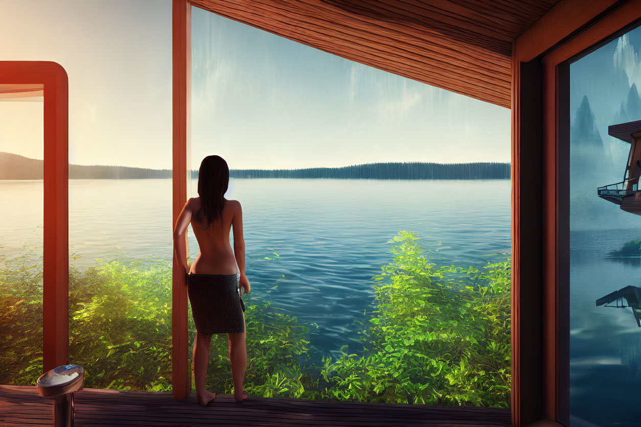 Person standing in doorway overlooking serene lake and forested hills under blue sky