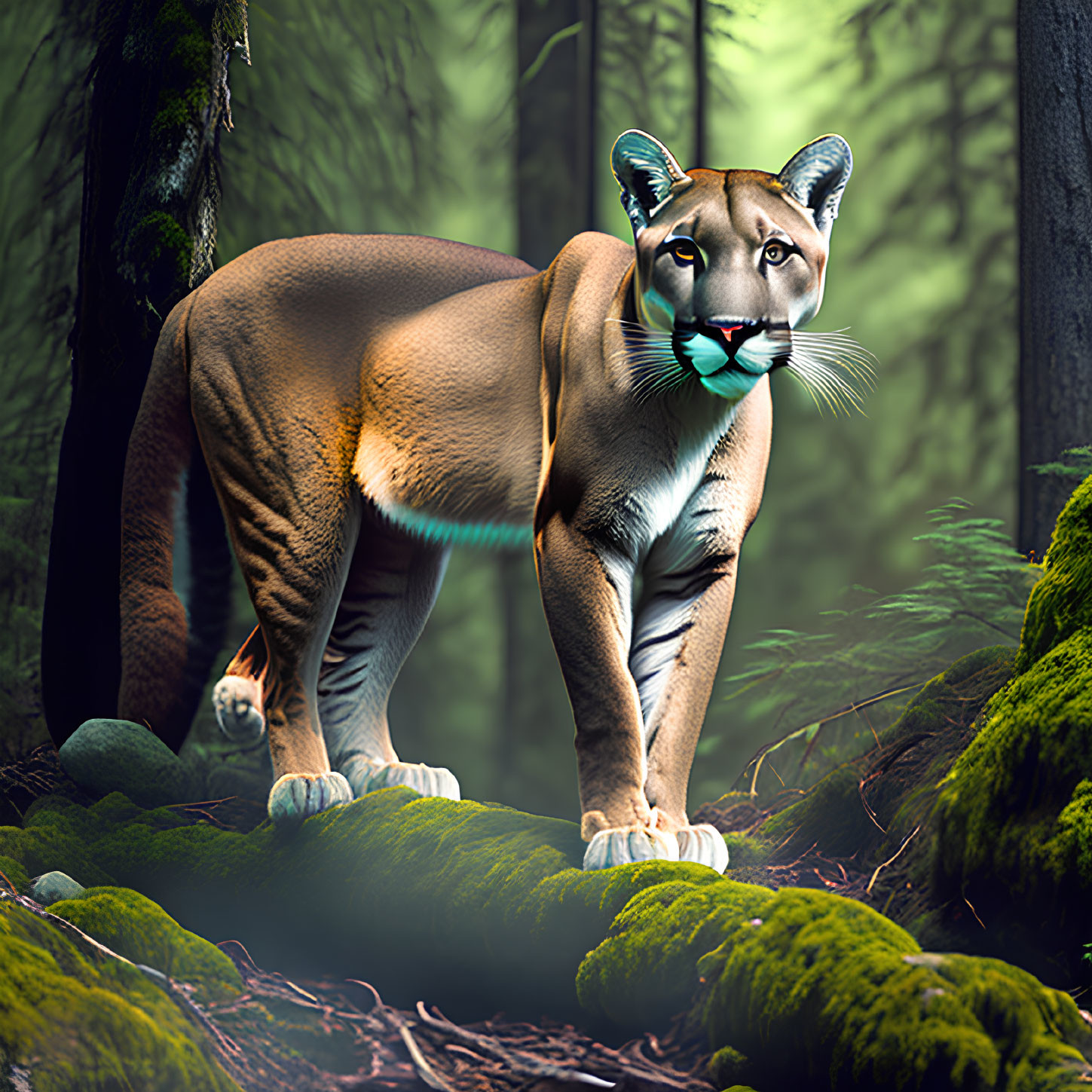 Majestic feline creature in lush green forest