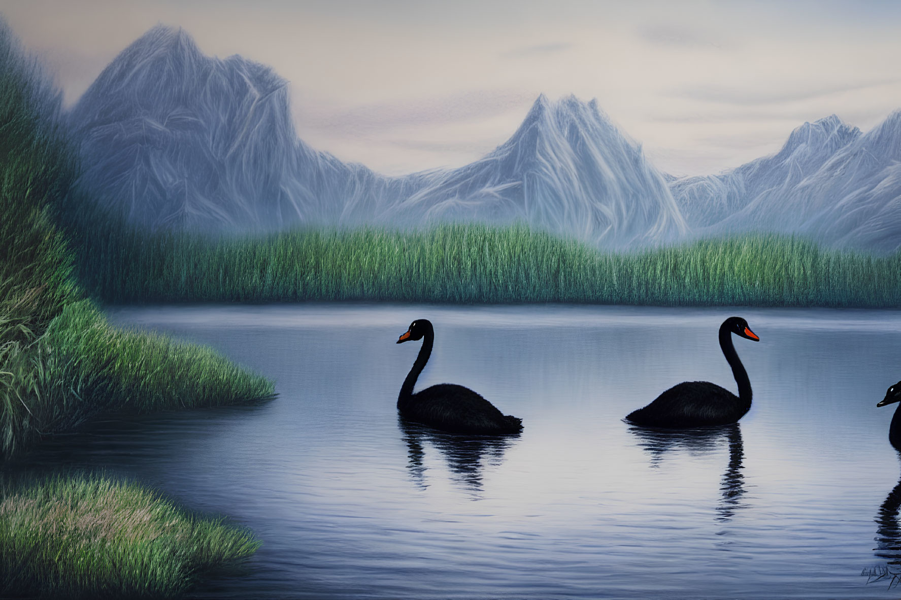 Black swans on serene lake with greenery and misty mountains