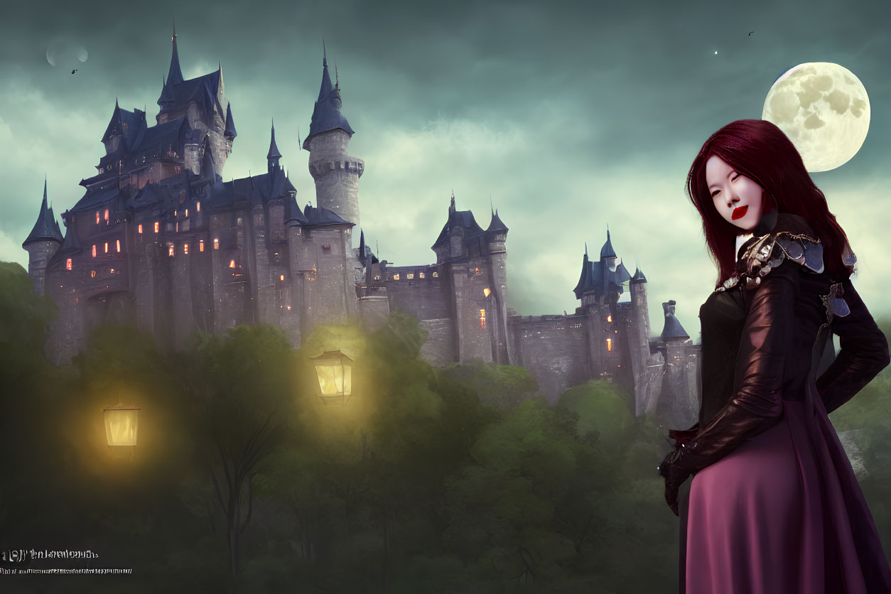 Woman with Red Hair in Purple Dress at Gothic Castle Under Moonlit Sky