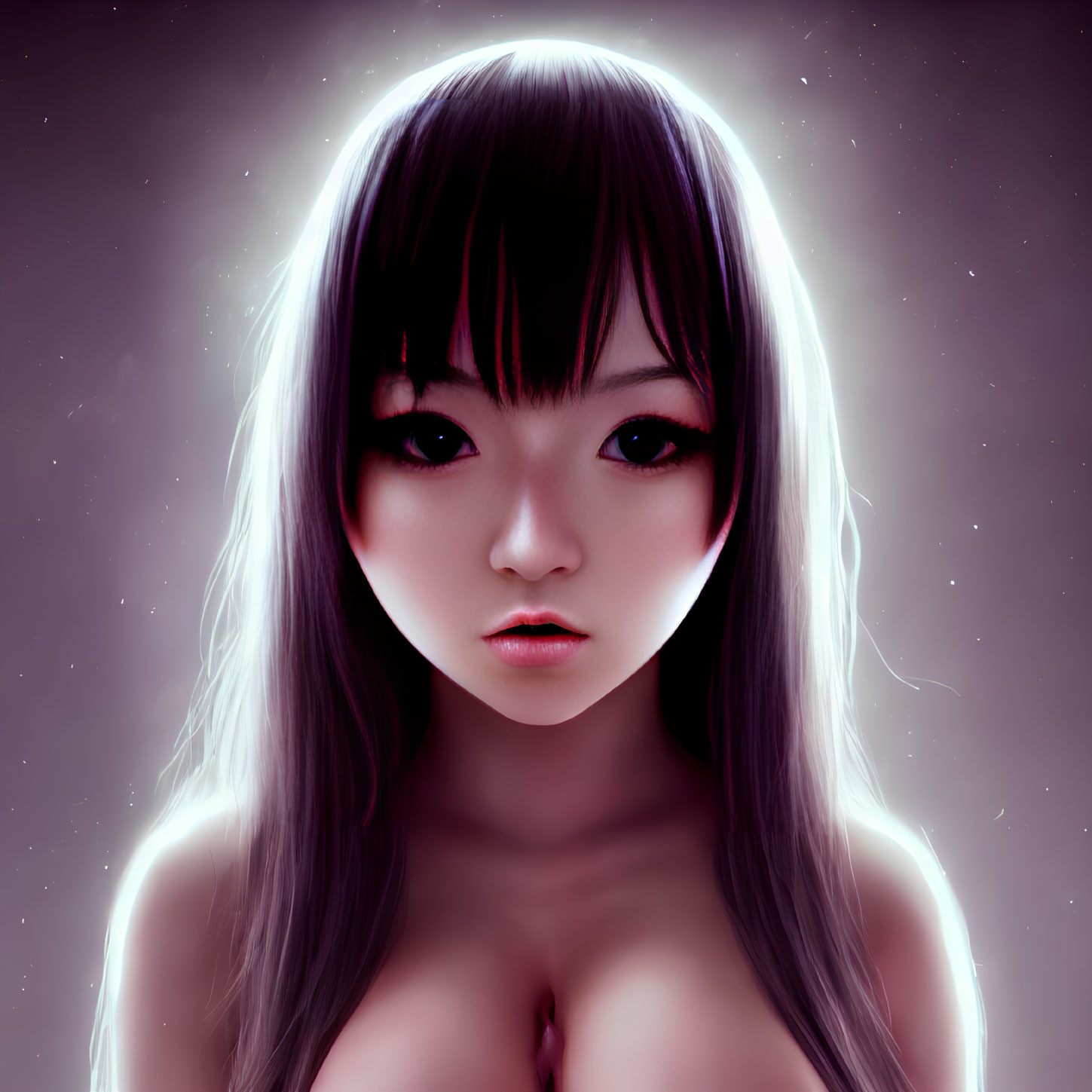 Digital Artwork: Close-Up of Young Woman with Dark Hair and Glowing Halo on Starry Background