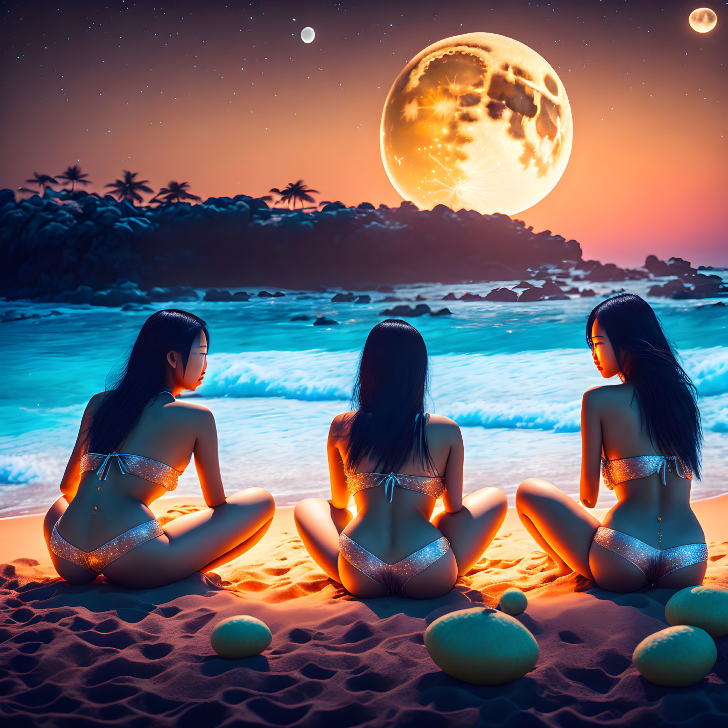 Three people in swimsuits on beach at night under large moon and stars.