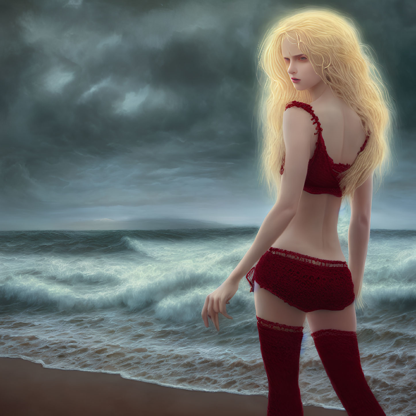 Blonde Woman in Red Lingerie Contemplating Stormy Sea