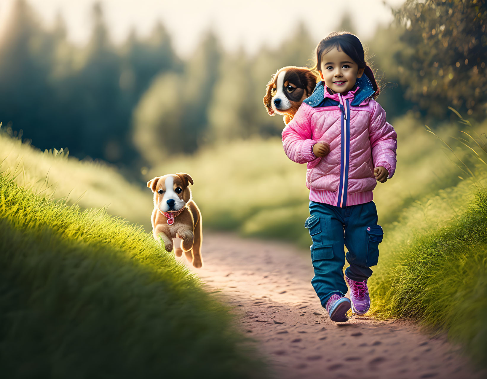 Young child running with two puppies in green setting