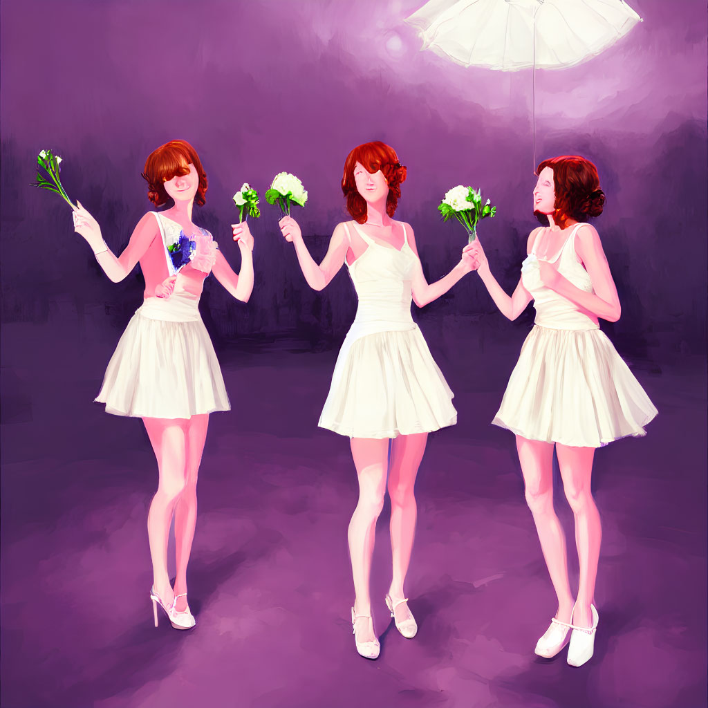 Three identical women in white dresses with flowers and umbrella, possibly triplets or same person in various poses