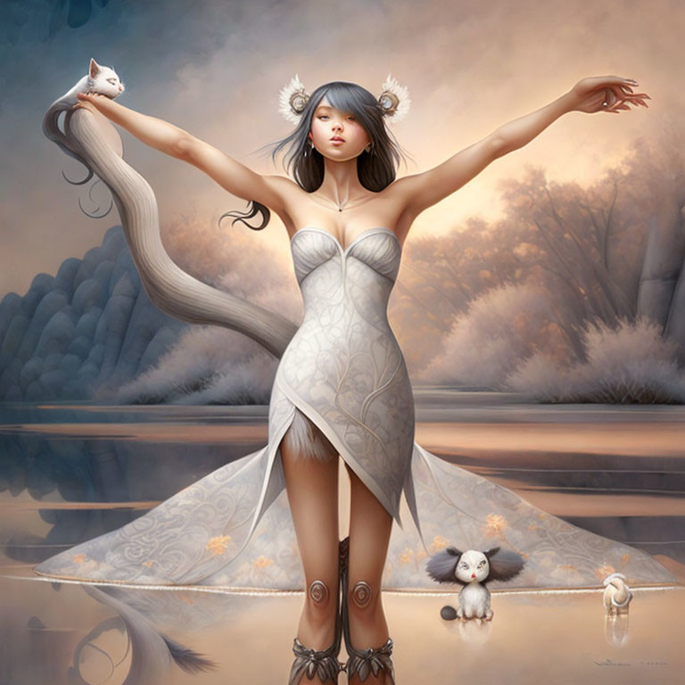 Ethereal woman in white dress with furry ears in misty forest with whimsical cats