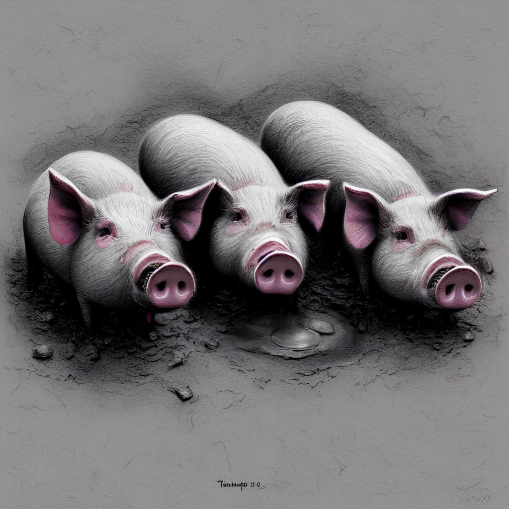 Sketch of three pigs with prominent snouts on textured grey background