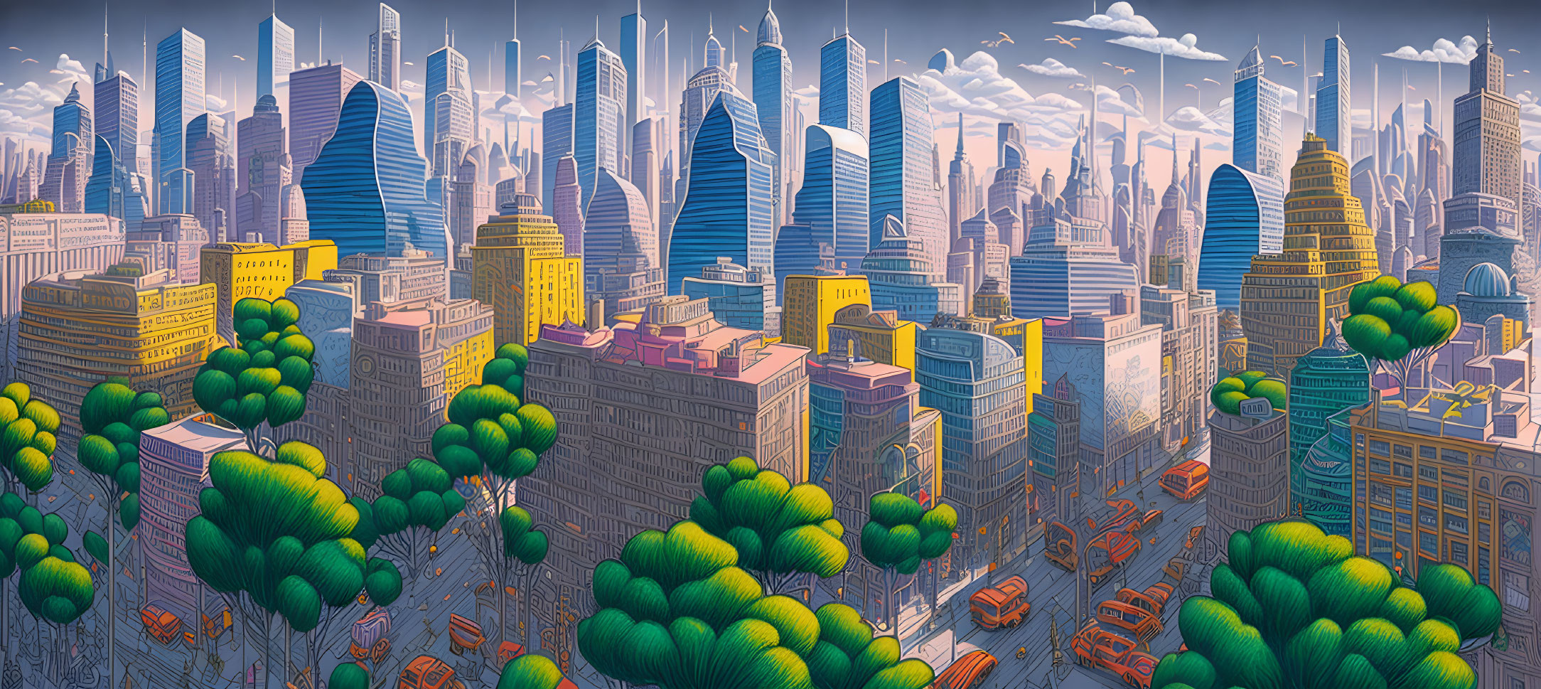 Detailed futuristic cityscape illustration with skyscrapers, greenery, and orange vehicles.