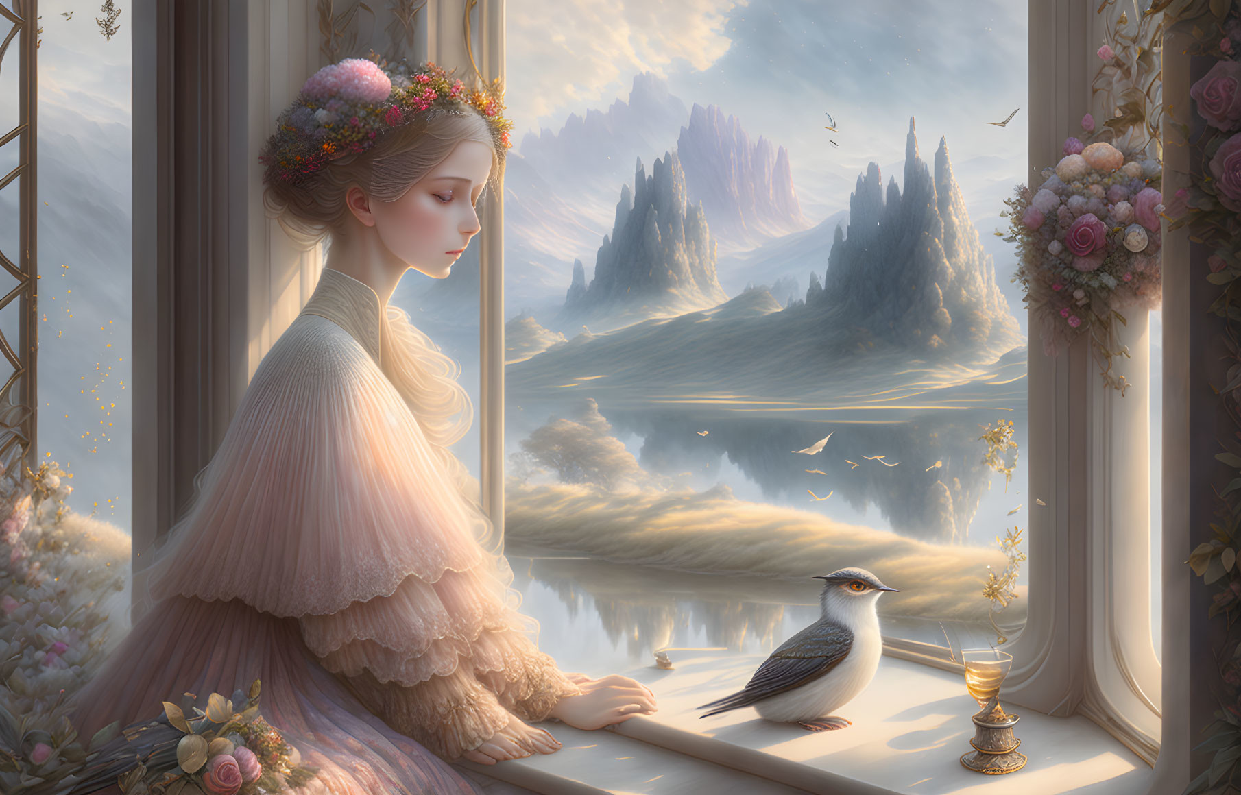 Tranquil woman in pastel dress by window with bird, mountain landscape