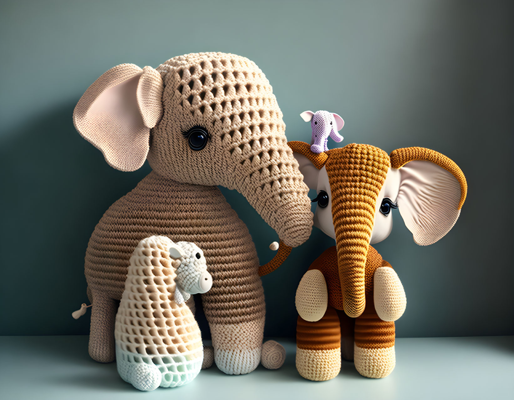 Crocheted elephant toys with giraffe on teal backdrop