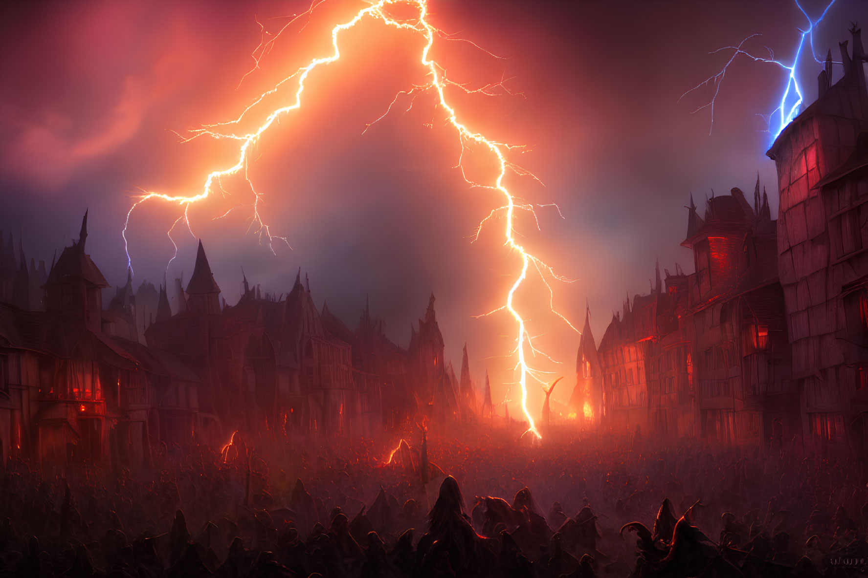 Dramatic fantasy cityscape with stormy sky, lightning bolts, silhouettes, gothic