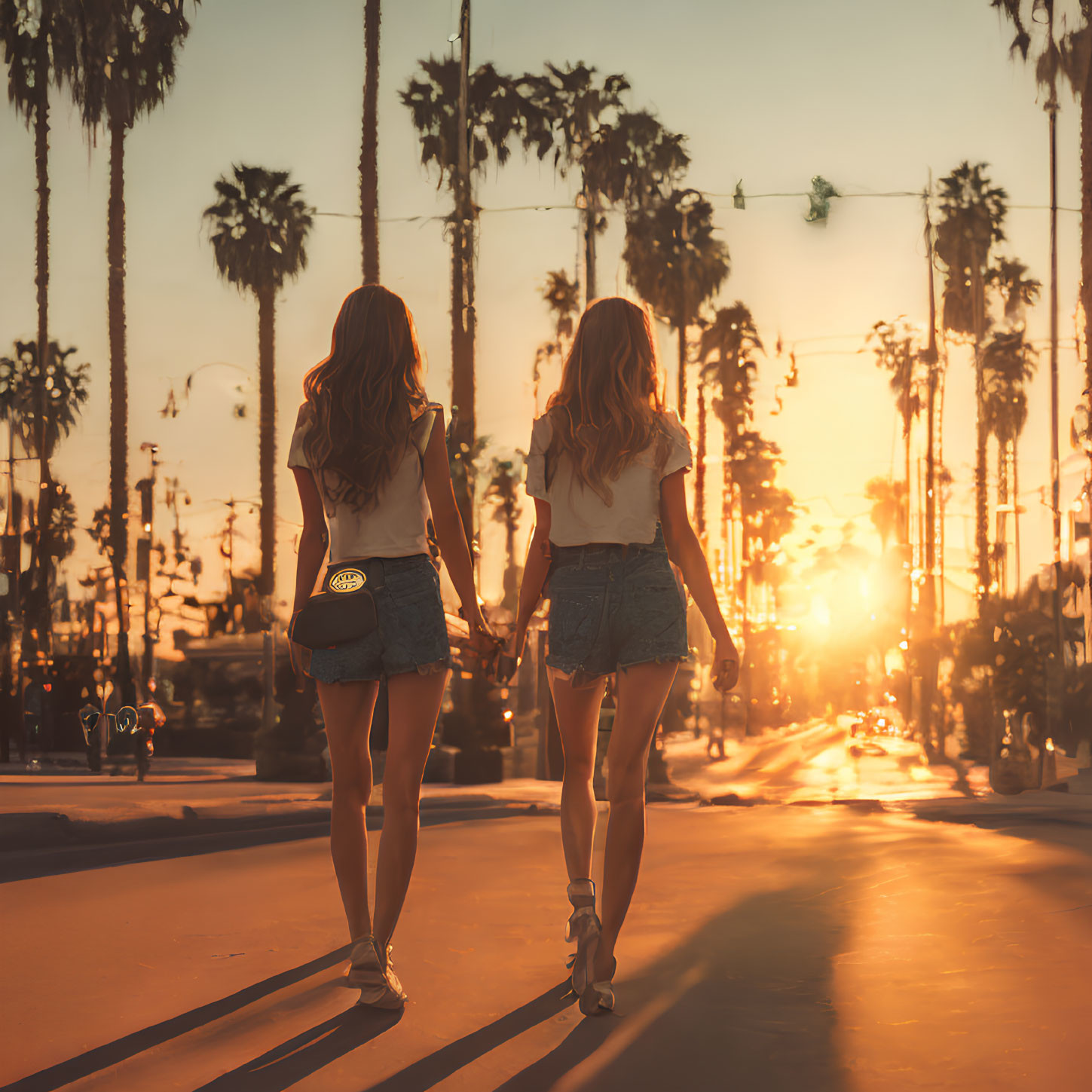 Two People Walking Down Palm-Lined Street at Sunset