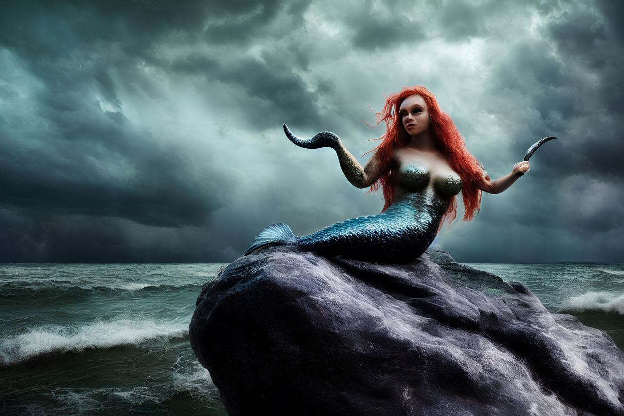 Red-haired mermaid on rock in stormy sea with knife, tail reflecting light