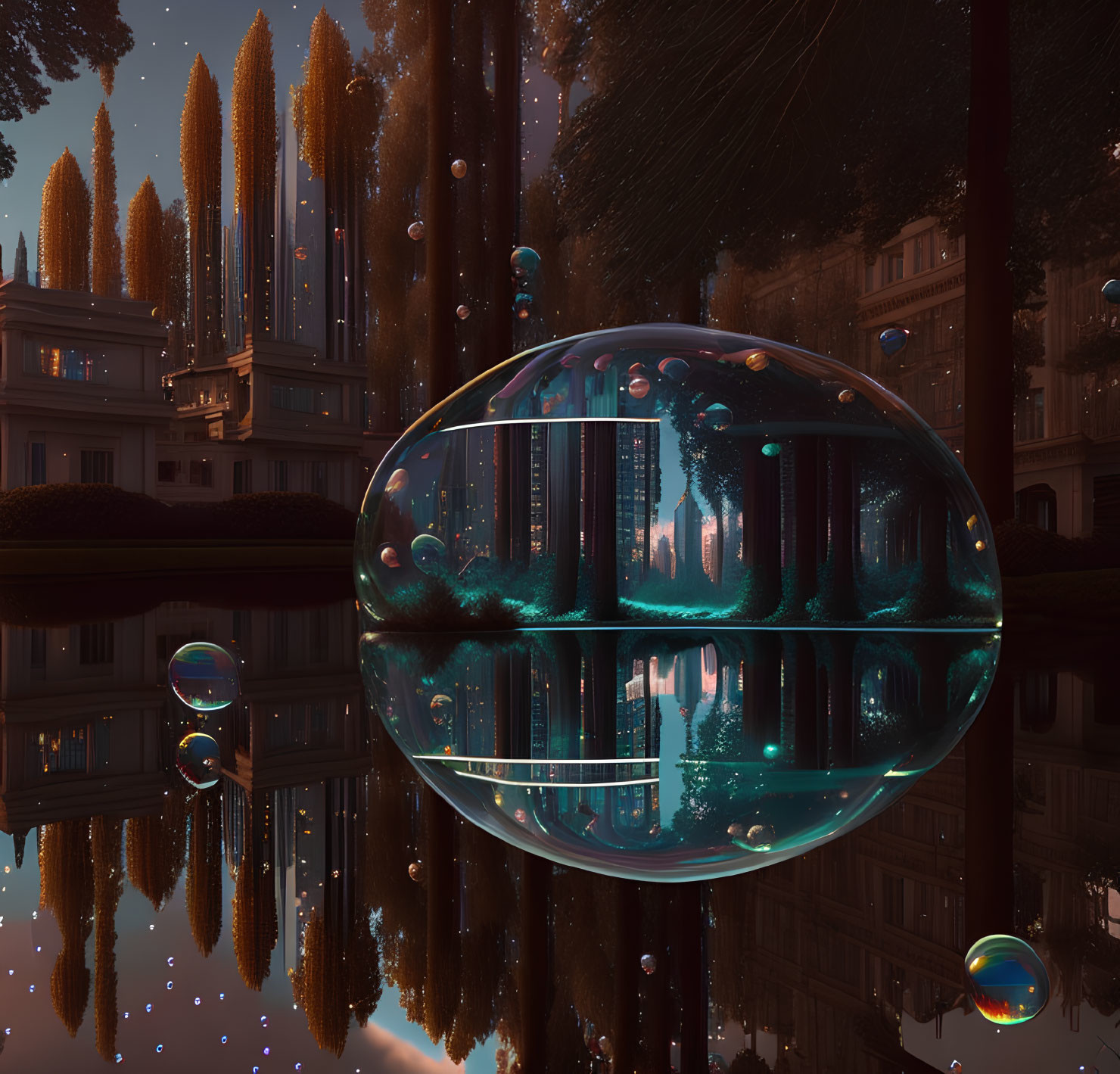 Tranquil soap bubbles over mirror-like water in serene forest at dusk