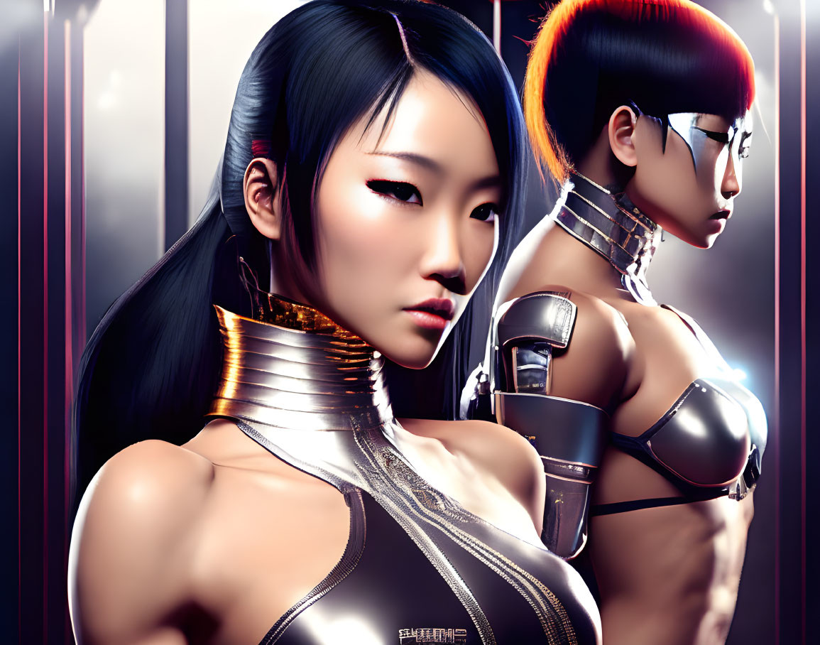 Futuristic female characters with metallic collars and sleek bodysuits, one with long black hair