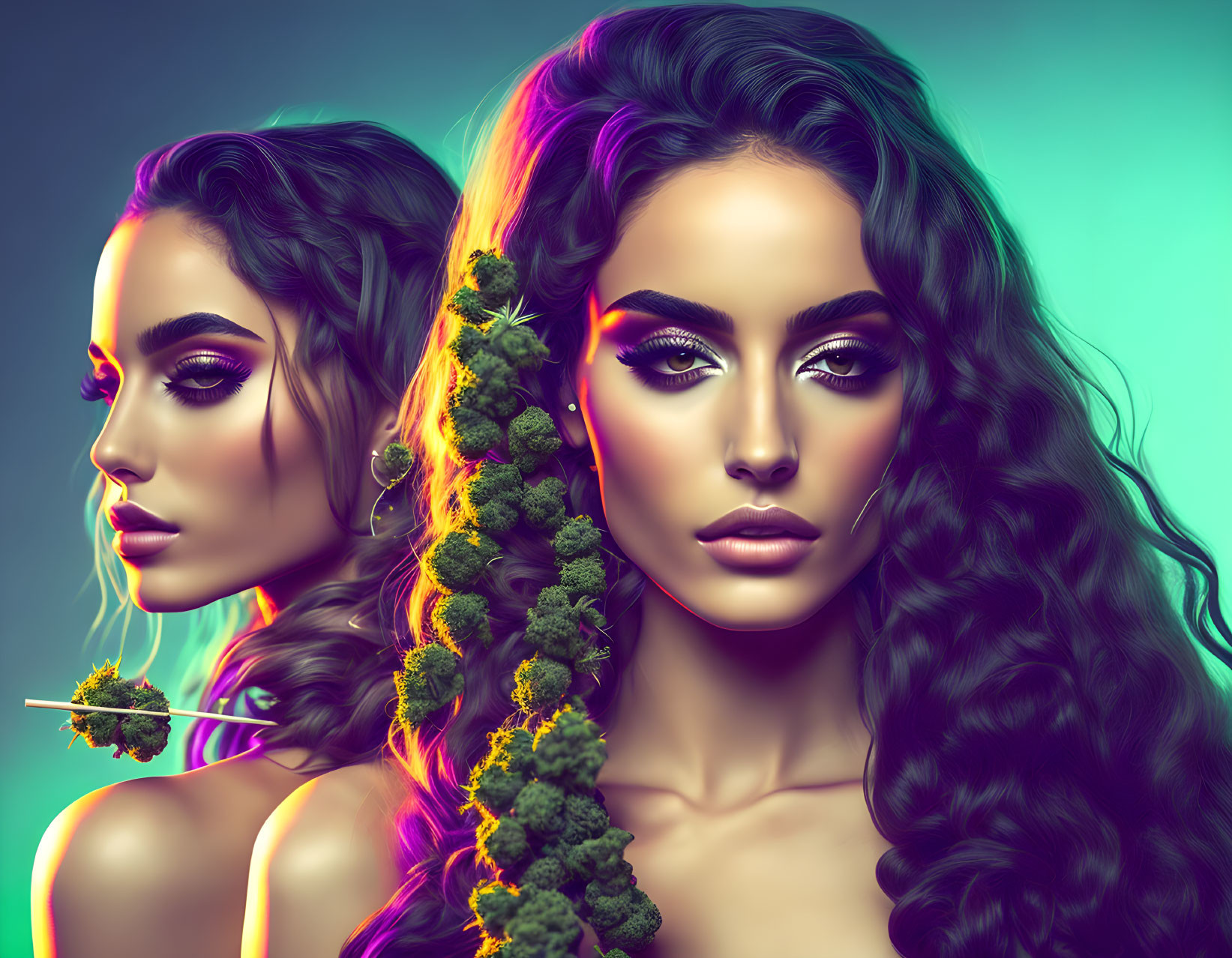 Stylized women with vibrant makeup and cannabis plant motif on colorful background