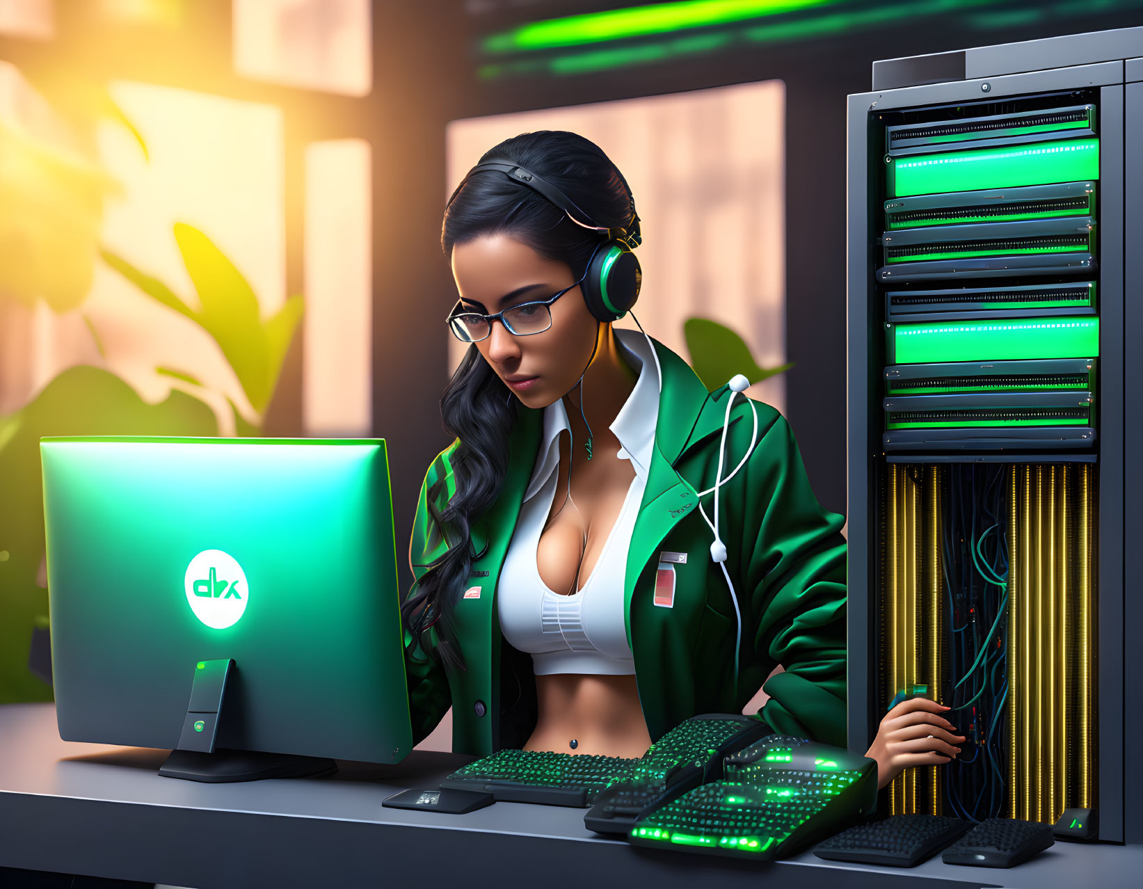 Animated woman wearing headphones at desk in high-tech setup