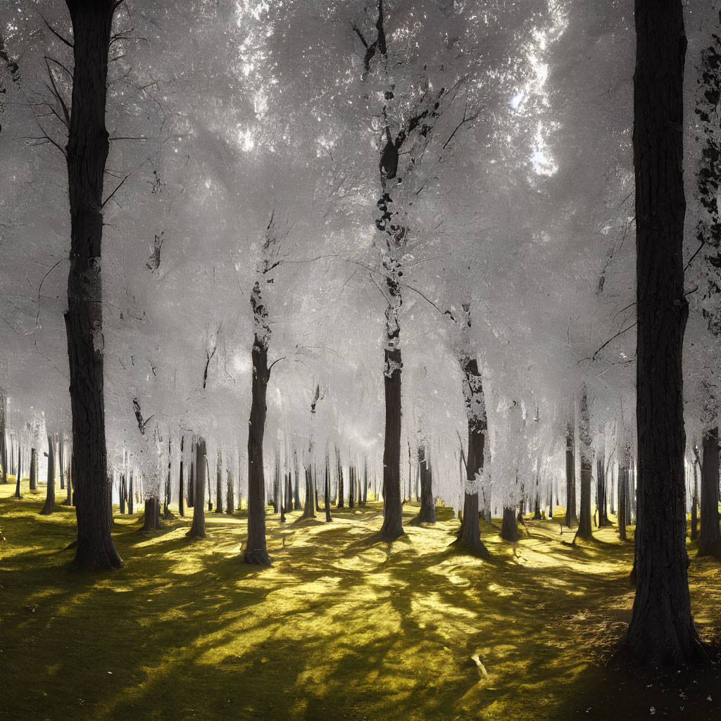 Luminous white trees in serene forest setting