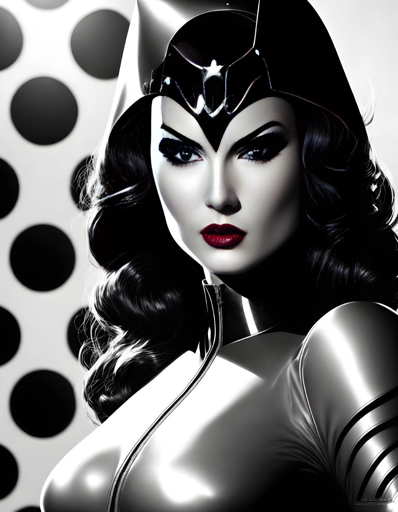 Fierce superheroine with star tiara and shiny costume on polka-dotted background