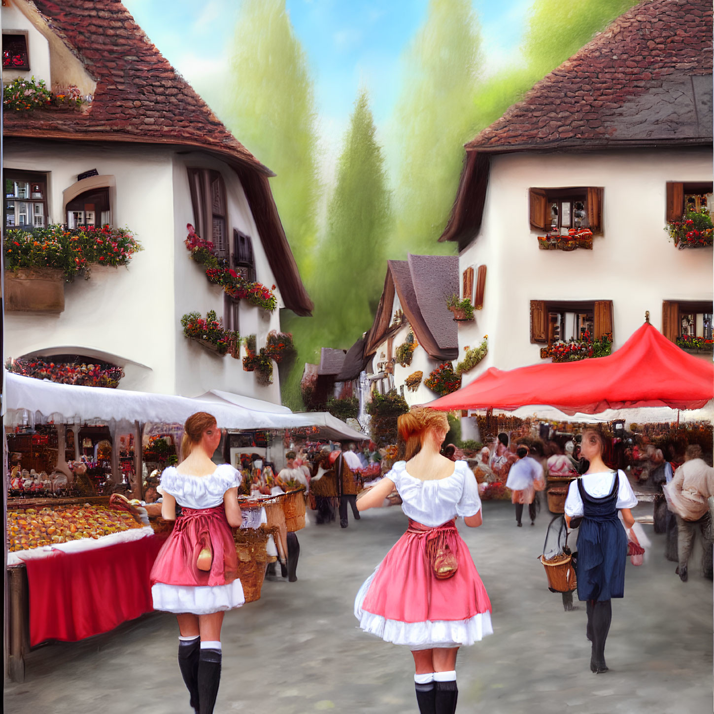 Traditional European Market Scene with Folk Costumes and Colorful Stalls